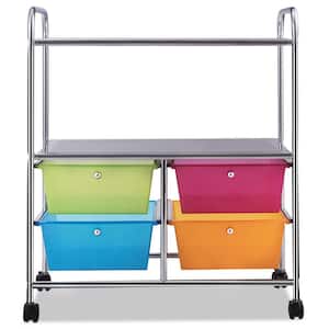 3-Tier Metal 4-Wheeled Rolling Storage Cart Rack Shelf with 4 Drawers in Blue&Green&Orange&Red
