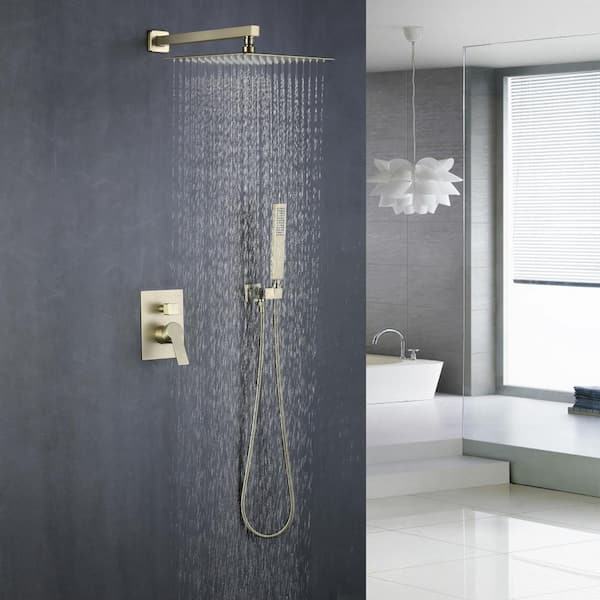 Shower System with 12 in. Dual Rain Shower Head and Handheld Shower Head Shower Faucet Set in Brushed Gold