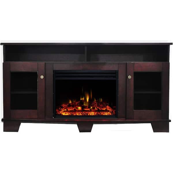Cambridge Savona 59 in. Electric Fireplace Heater TV Stand in Mahogany with Enhanced Log Display and Remote