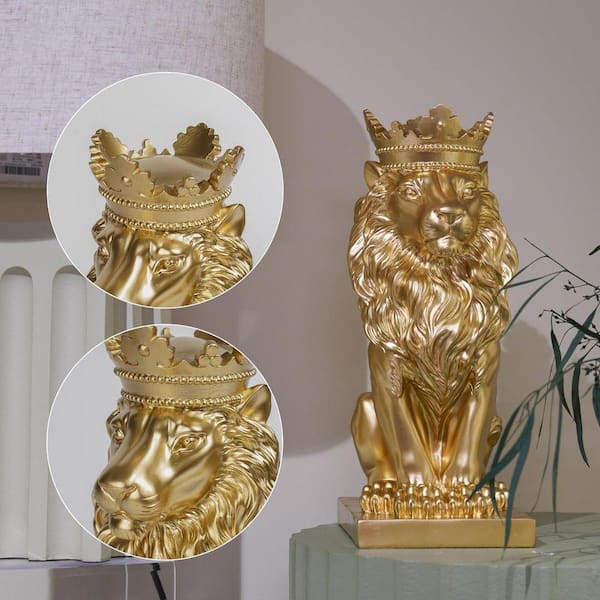 15 Inch Resin Lion Statue-Outdoor Collectible Figurine Gold Crown