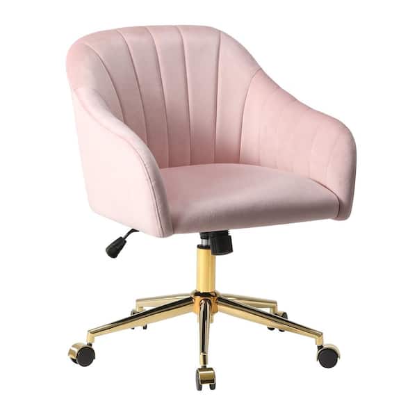 Farrah Velvet Upholstered Adjustable Height 360° Swivel Office Task Chair with Metallic Gold Base in Pink