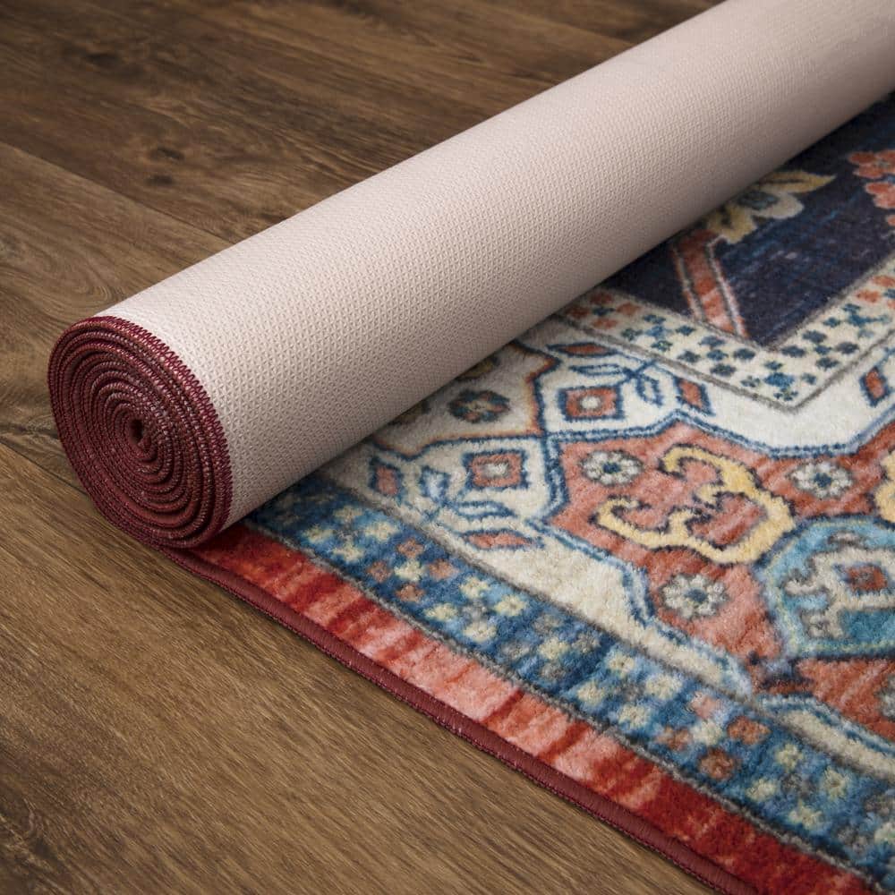 Ivory and Navy Medallion Washable Synthetic Area Rug 2' x 3'
