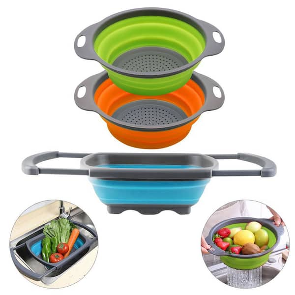 Collapsible Silicone Colander Set of 3: 2pc 4Qt & 1pc 6Qt-Drains Pasta, Veggies, Fruit (blue, orange, green)