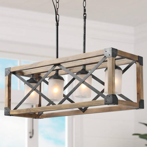 Lnc Farmhouse Dining Room Chandelier 4 Light Brown Wood Black Metal Kitchen Island Pendant With White Frosted Glass Shades A02989 Lnc Farmhouse Dining Room Chandelier 4, Island Light Fixtures Farmhouse