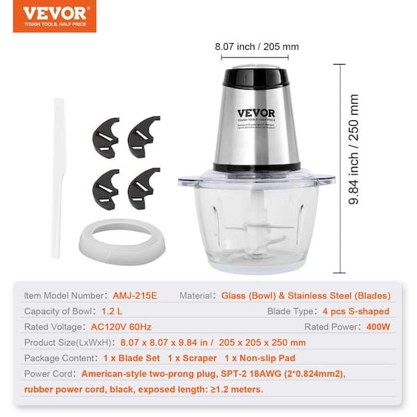 VEVOR Food Processor, Electric Meat Grinder with 4-Wing Stainless Steel Blades, 8 Cup+5 Cup Two Bowls, 400W Electric Food Chopper, 2 Speeds Food
