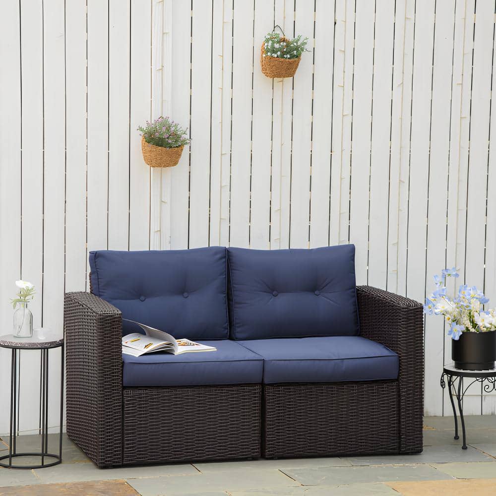 Rattan Metal Outdoor Sectional Set with Dark Blue Cushions
