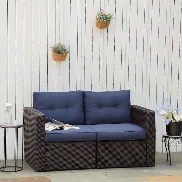 Unbranded Rattan Metal Outdoor Sectional Set with Dark Blue Cushions