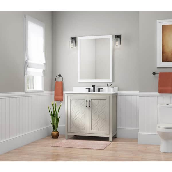 Home Decorators Collection Coppermine 36 in. W x 22 in. D x 34 in. H Single Sink Freestanding Vanity in Light Oak w/ White Engineered Stone Top