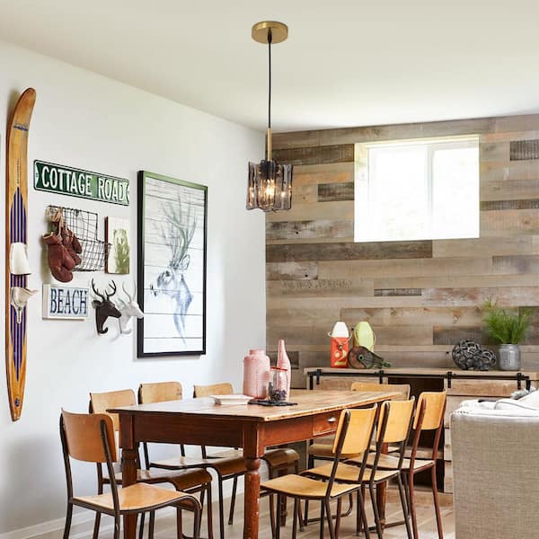 4.7 in. Modern 1-Light Brass Mini Pendant Light with Square Textured Smoky Gray Glass Shade