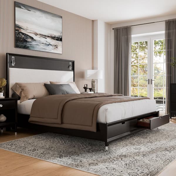Forma Mid Century Black RubberWood Frame King Platform Bed With Reading Lights and 2 Storage Drawers