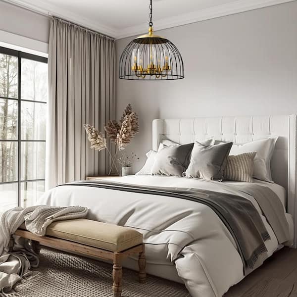 5-Light Black and Gold Dome Pendant Light Chandelier, E12 Base, Stylish Ceiling Fixture for Kitchen or Dining