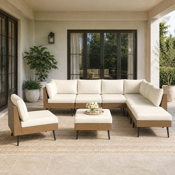 Brown 8-Piece Outdoor Wicker Patio Conversation Set with Beige Cushions and Ottoman