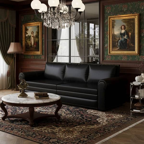 DBZY 93.7 in. Midnight Noir Faux Leather King Size 3-in-1 Convertible Sofa Bed with Nailhead Trim and Rolled Arms