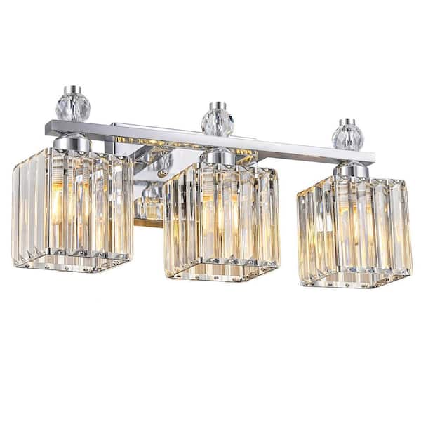Home Lighting 18.89 in. 3-Light Chrome Square Modern Crystal Vanity Light Fixtures Over Mirror For Bathroom (JW-290)