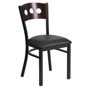 Hercules Series Black Decorative 3 Circle Back Metal Restaurant Chair with Walnut Wood Back, Black Vinyl Seat