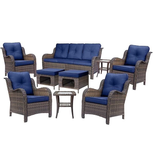 Brown 9-Piece Wicker Patio Furniture Set Outdoor Rattan Lounge Chairs Ottomans and Side Table with Navy Blue Cushions