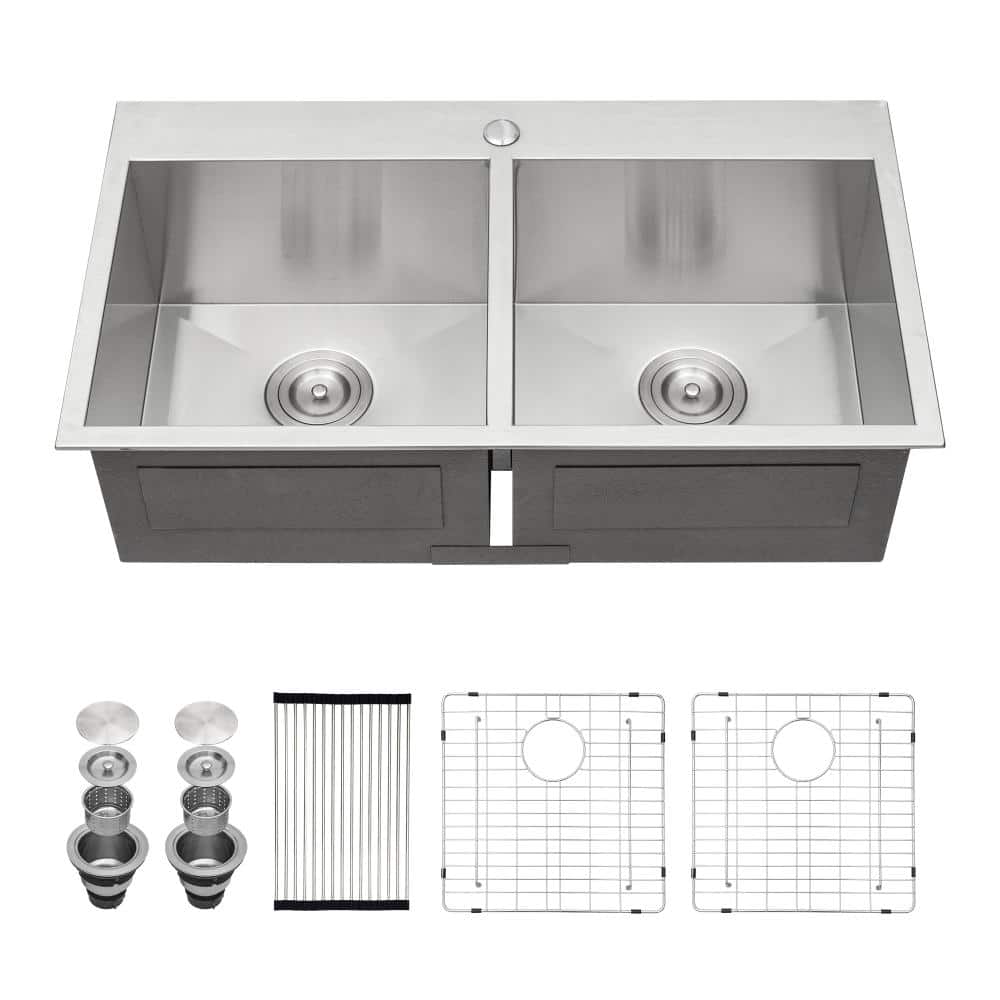 "33""x22""x9"" 50/50 Double Bowl Drop In Kitchen Sink, 18 Gauge Stainless Steel with 9"" Deep Basin" price history on PriceWatchPro