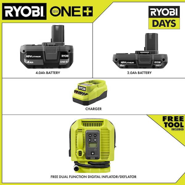 ONE+ 18V Lithium-Ion Starter Kit with 2.0 Ah Battery, 4.0 Ah Battery, Charger and FREE ONE+ 18V Cordless Inflator