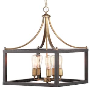 Boswell Quarter 20 in. 5-Light Gold Farmhouse Square Chandelier with Painted Black Distressed Wood Accents for Kitchens