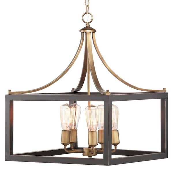 Hampton Bay Boswell Quarter 20 in. 5-Light Gold Farmhouse Square Chandelier with Painted Black Distressed Wood Accents for Kitchens