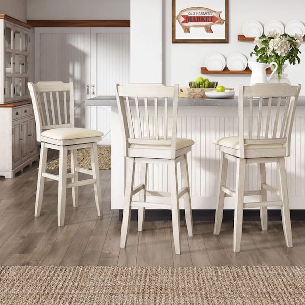 INSPIRE Q Antique White Slat Back Bar Height Wood Swivel Bar Stool