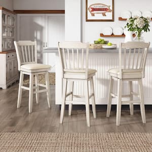 Antique White Slat Back Bar Height Wood Swivel Bar Stool