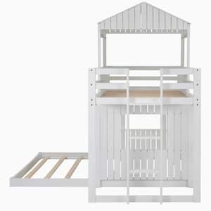 White  Wooden Twin Over Full Bunk Bed, Loft Bed with Playhouse, Farmhouse, Ladder and Guardrails
