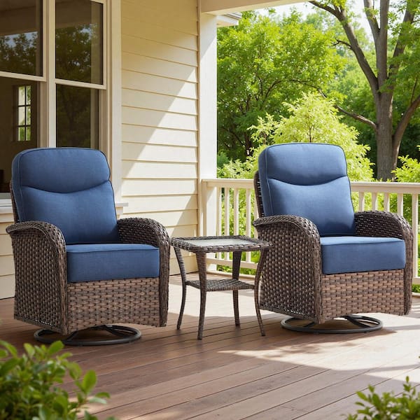 Luna Brown 3-Piece Wicker Swivel Glider Patio Conversation Set with 6 in. Thick Navy Blue Cushions and Side Table
