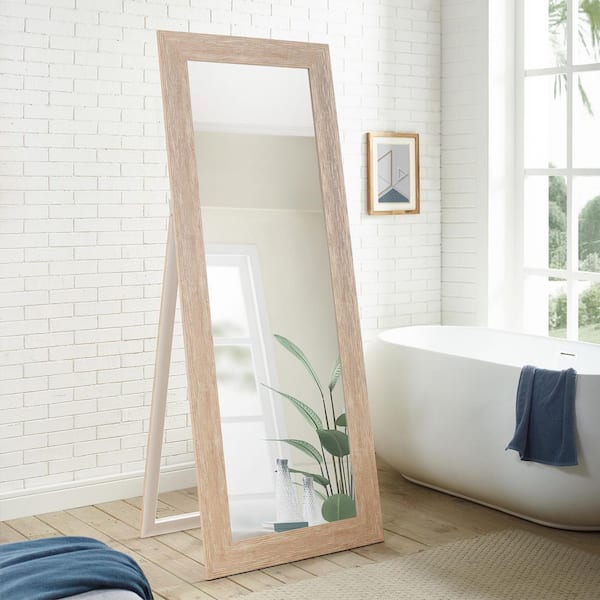 HOMESTOCK Natural Full Body Mirror with Stand Wooden Framed Floor Length Mirror  Stand Up Full Length Mirror with Stand Mirror 64057W - The Home Depot