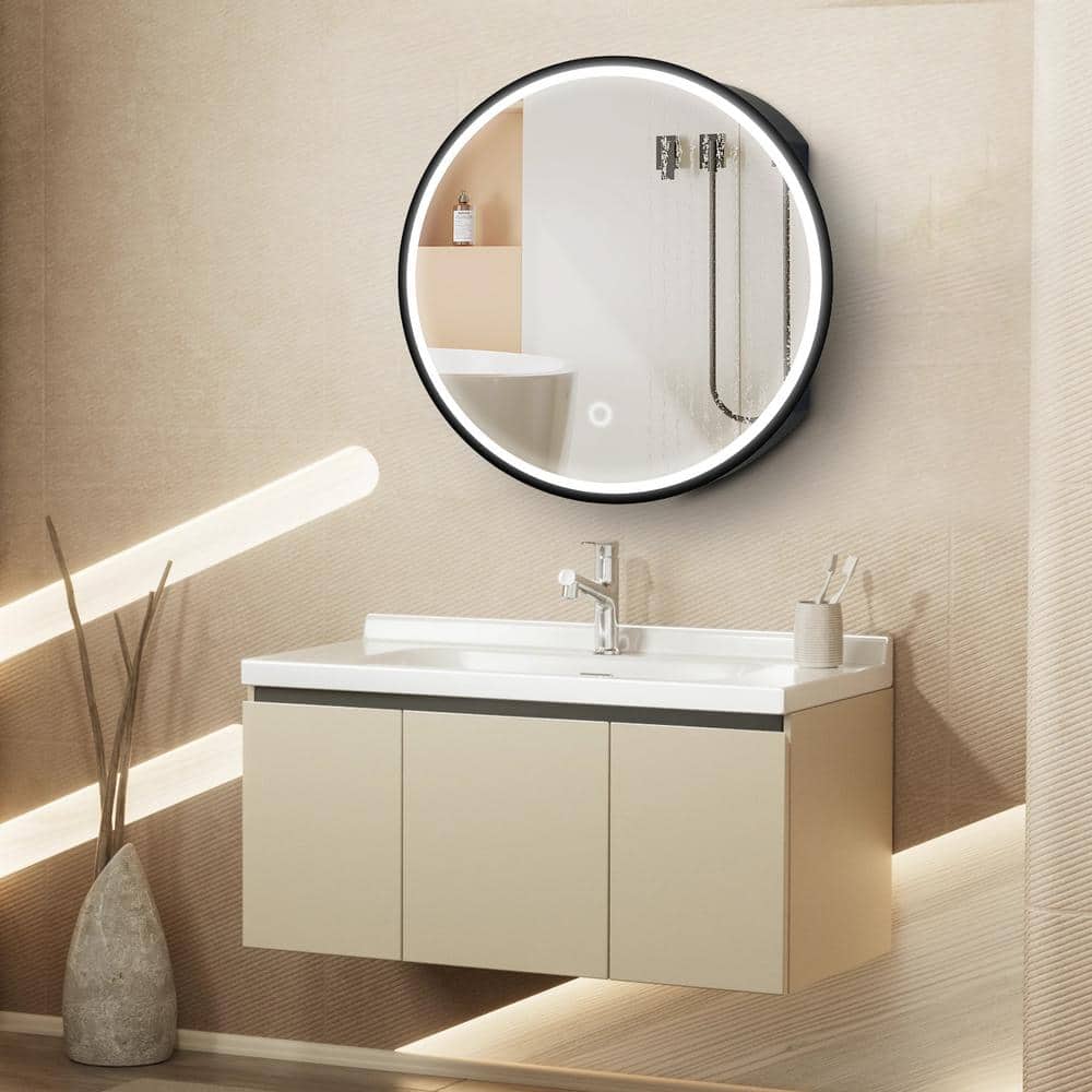 24 in. W x 24 in. H Round Iron Medicine Cabinet with Mirror Black framed An