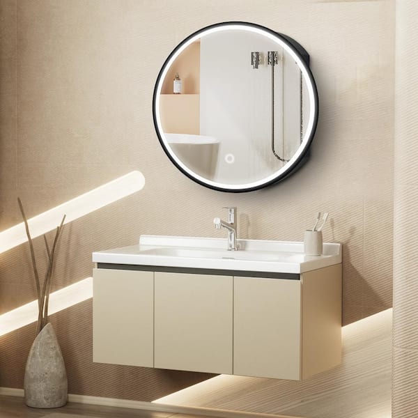 Unbranded 24 in. W x 24 in. H Round Iron Medicine Cabinet with Mirror Black framed Anti-Fog LED