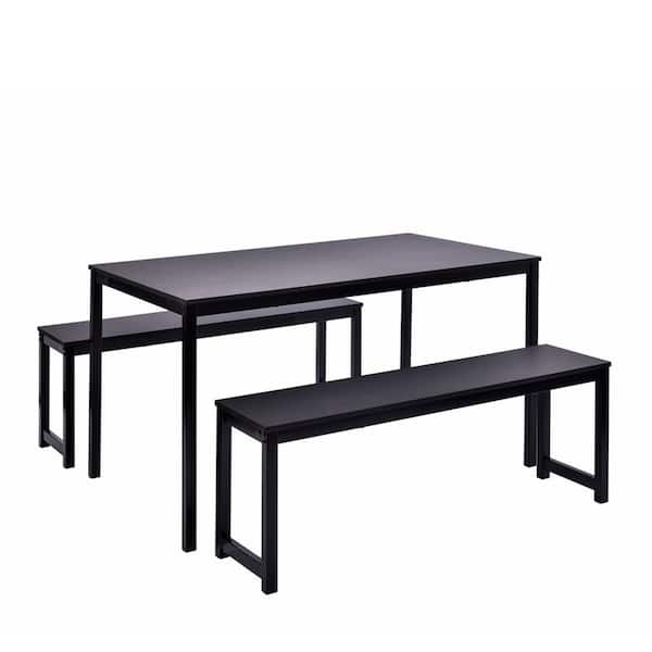 ATHMILE Black 3-Piece Rectangle Wood Dining Set with 2-benches