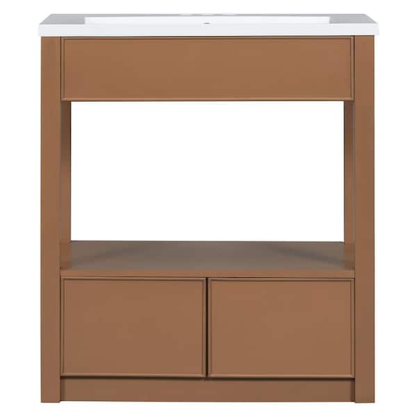 Virubi 30 in. W x 18 in. D x 34 in. H Single Sink Bath Vanity in Brown with White Ceramic Top, Open Shelf and 2-Drawers