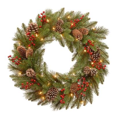 24 in. Battery Operated Feel Real Bristle Berry Wreath with Red Berries, Cones and 50 Warm White LED Lights with Timer