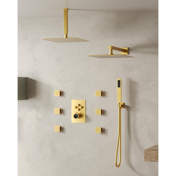 EVERSTEIN Luxury 15-Spray Wall and Ceiling Mount Triple Fixed and Handheld Dual Shower Head with 6-Jets in Matte Black