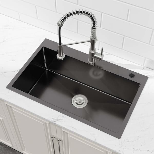30 in. x 19 in. Matte Black Stainless Steel Single Bowl Undermount Kitchen Sink with US Standard Drain and Hooks