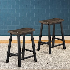 24 in. H Gray Backless Wood Saddle Seat Pub Chair Home Kitchen Dining Room Bar Stools (Set of 2)