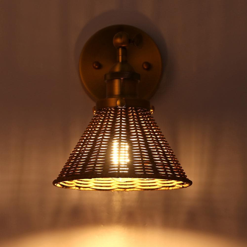 Brass and Rattan Swing Arm Wall Sconce with Woven Shade