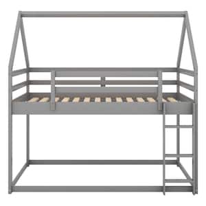 Wooden Gray Twin over Twin Size Low Bunk Bed House Bedframe with Roof & Ladder for Kids, Bedroom, No Box Spring Needed