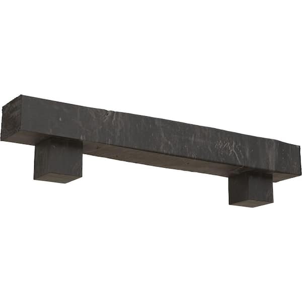 Ekena Millwork 8 in. x 12 in. x 4 ft. Knotty Pine Faux Wood Fireplace Mantel Kit with Alamo Corbels, Aged Cedar