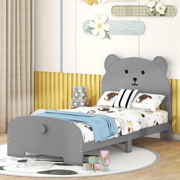 Harper & Bright Designs Gray Wood Frame Twin Size Platform Bed with Bear-Shaped Headboard and Footboard, 6-Wood Legs