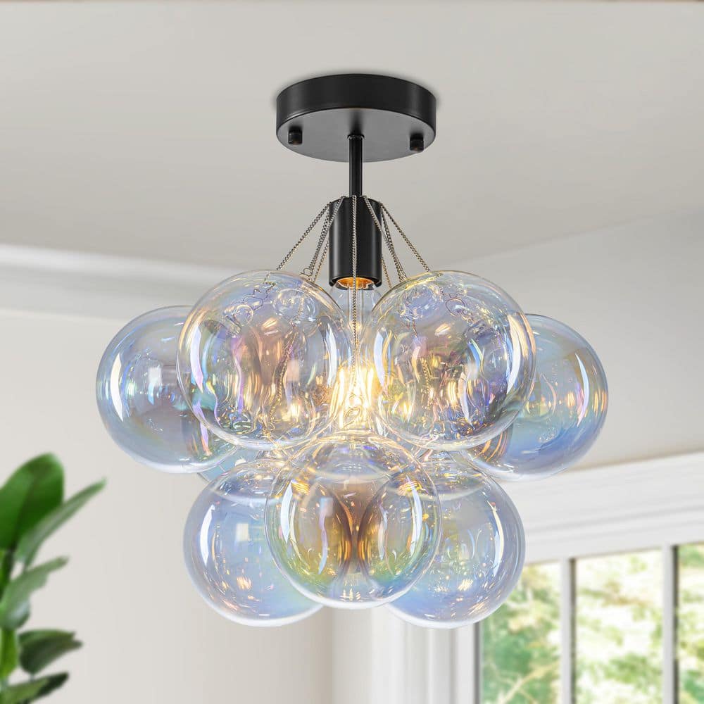 14 in.Modern Cluster Matte Black Semi-Flush Mount Ceiling Light with Iridescent Globe Shades for Bedroom Living Room price history on PriceWatchPro