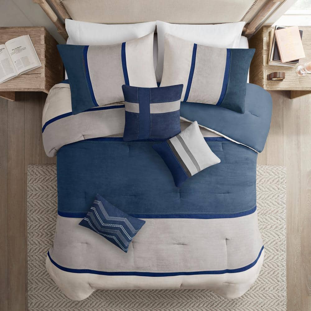 Blue and Beige Queen Reversible Microfiber Comforter Set