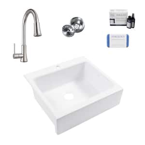 Josephine 26 in. 1-Hole Quick-Fit Farmhouse Apron Drop-in Single Bowl White Fireclay Kitchen Sink with Pfirst Faucet Kit