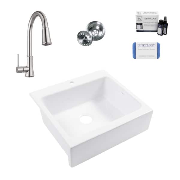 SINKOLOGY Josephine 26 in. 1-Hole Quick-Fit Farmhouse Apron Drop-in Single Bowl White Fireclay Kitchen Sink with Pfirst Faucet Kit