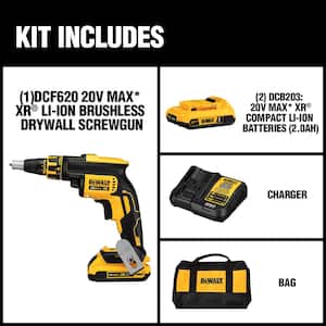 20V MAX XR Cordless Brushless Drywall Screw Gun with (2) 20V 2.0Ah Batteries and Charger
