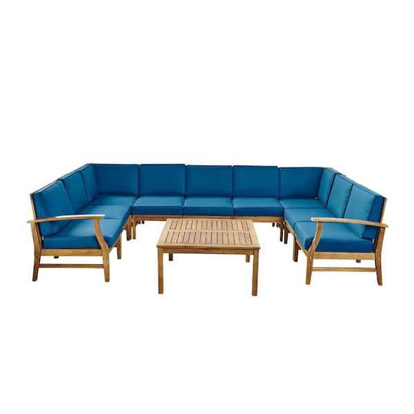 Giancarlo Teak 10-Piece Wood Outdoor Patio Sectional Set with Blue Cushions