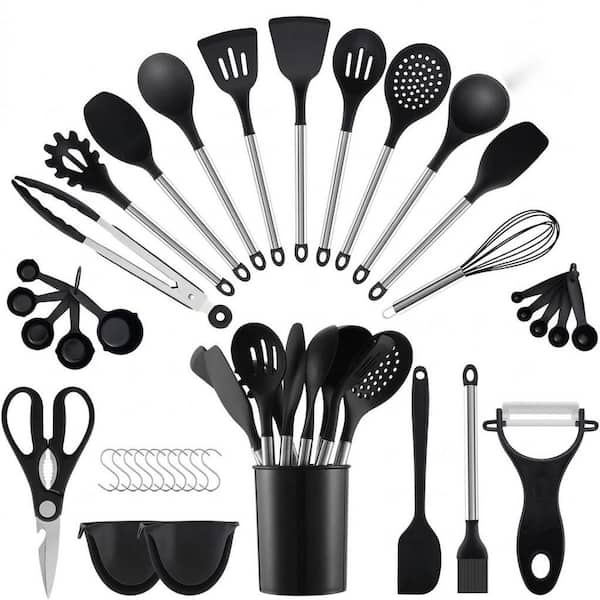 38-Piece Black Silicone Kitchen Utensil Set with Stainless Steel Handles, Nonstick Heat Resistant Cooking Tools