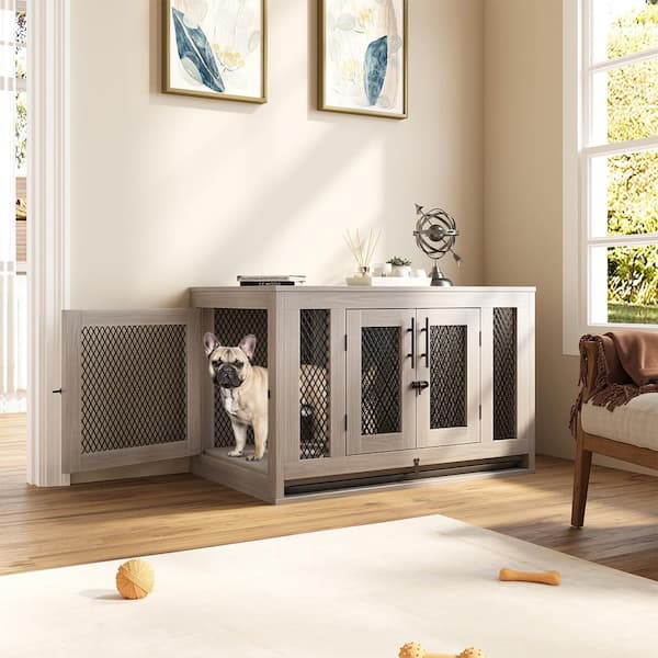 FUFU&GAGA 37.5 in. Heavy-Duty Wooden Dog Kennel, Furniture Style Dog Crate with Cushion Tray, Dog Crate Furniture Size M, Gray