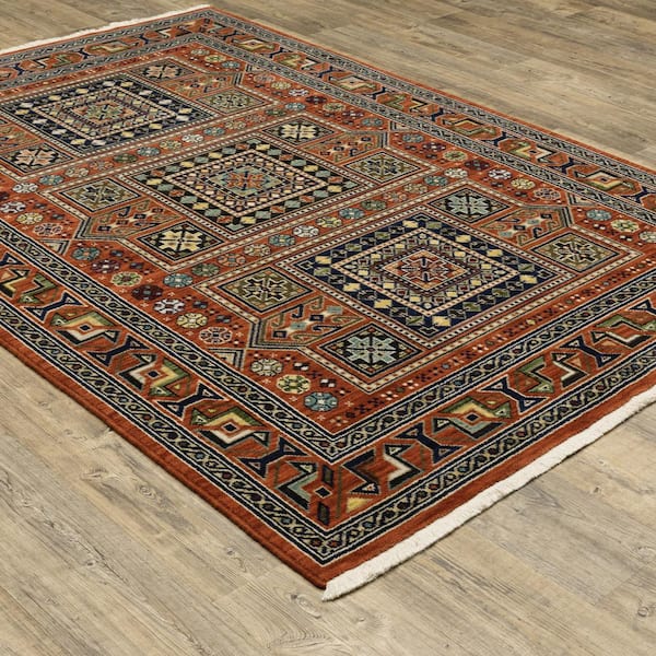 Lillian Red/Multi-Colored 6 ft. x 9 ft. Oriental Geometric Wool/Nylon Blend Fringed-Edge Indoor Area Rug